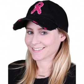 Baseball Caps Women's Breast Cancer Awareness Pink Ribbon Logo Hope Shredded Baseball Hat Cap - Black - CL17YXIWAER $16.75