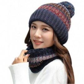 Skullies & Beanies Winter Fleece Lined Knit Hats Hood Scarf for Women Warm Beanie with Pom Pom - Deep Blue - CC18LXQMXAK $14.71