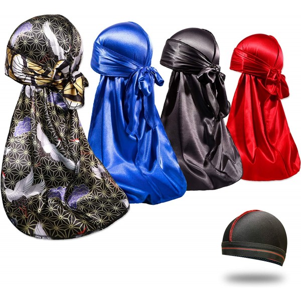 Skullies & Beanies 4PCS Silky Durags for Men 360 Waves- Designer Do Rag- Award 1 Wave Cap - Crane Blue Black Red - CT194KZ6G8...