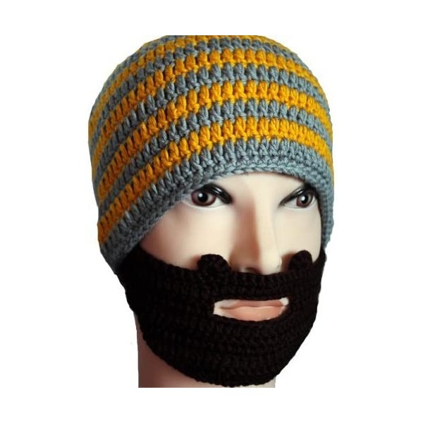 Skullies & Beanies Unisex Knit Stubble Beard Beanie - Yellow&gray Stripe - CE11OX65G3F $20.58