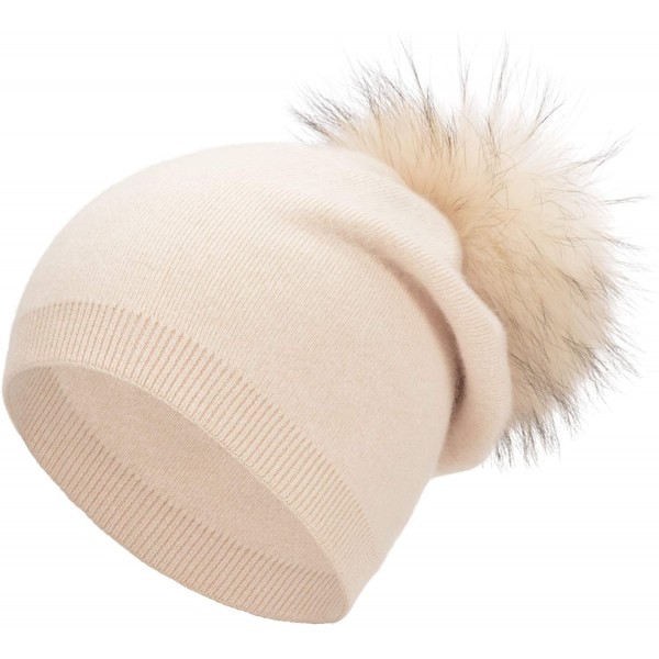 Skullies & Beanies Colors Slouchy Cashmere Raccoon Stocking - Beige Pom - CO19244UNHE $33.49