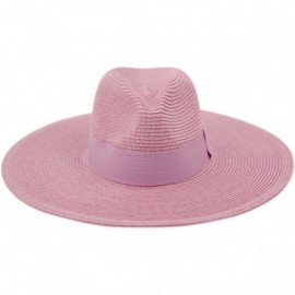 Fedoras Straw Panama Fedora Sun Hat in Solid Color W/Black Grosgrain Band Trim - A Lavender - CC17WTUSKQC $21.90