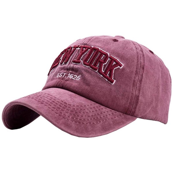Baseball Caps New York Hat Baseball Washed - Vintage Cotton Strapback Baseball Dad Hat - Burgundy - CD18NIUO9R6 $7.43