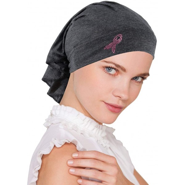 Skullies & Beanies Breast Cancer Awareness Soft Bandana Head Wrap Hat with Pink Ribbon Metallic Rhinestud - 04- Charcoal Gray...
