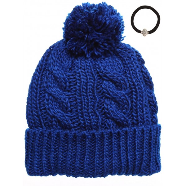 Skullies & Beanies Women's Thick Oversized Cable Knitted Fleece Lined Pom Pom Beanie Hat with Hair Tie. - Royal Blue - CV12JO...