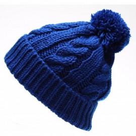 Skullies & Beanies Women's Thick Oversized Cable Knitted Fleece Lined Pom Pom Beanie Hat with Hair Tie. - Royal Blue - CV12JO...
