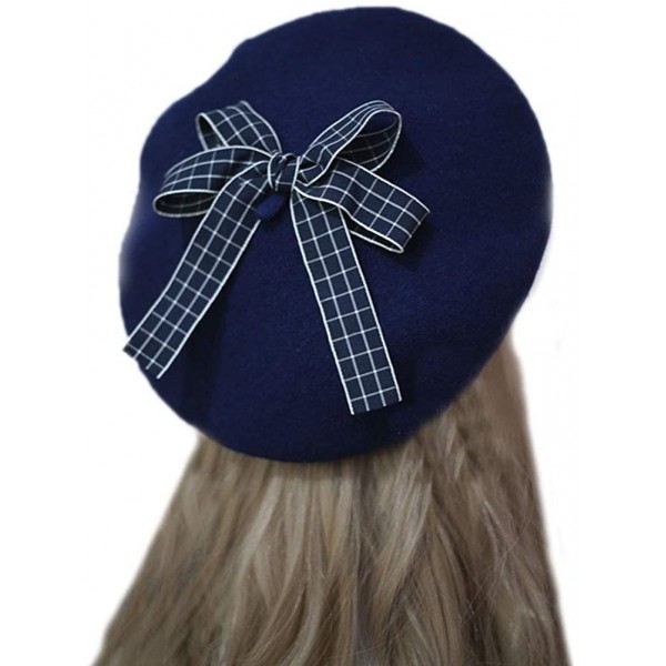 Berets Women's Girl's Lolita Cat's Butt Ladies Painter Hat Berets with Bowknot - Dark Blue - CB18LL07Q6L $20.34