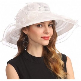Sun Hats Women Organza Kentucky Derby Church Dress Cloche Hat Fascinator Floral Tea Party Wedding Bucket Hat S053 - White - C...