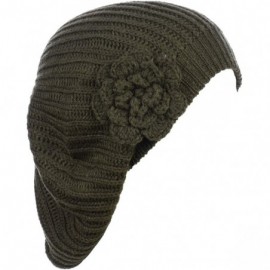 Berets Womens Fall Winter Ribbed Knit Beret Double Layers with Flower - Olive - C418U8ARIOH $14.94