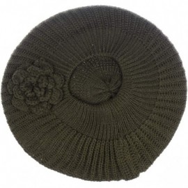 Berets Womens Fall Winter Ribbed Knit Beret Double Layers with Flower - Olive - C418U8ARIOH $14.94