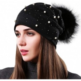 Skullies & Beanies Womens Slouchy Beanie Hat with Real Raccoon Fur Pompom Cotton Pearls Winter Fall Hat - Black 1 - CX1927MZQ...