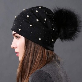 Skullies & Beanies Womens Slouchy Beanie Hat with Real Raccoon Fur Pompom Cotton Pearls Winter Fall Hat - Black 1 - CX1927MZQ...