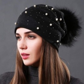 Skullies & Beanies Womens Slouchy Beanie Hat with Real Raccoon Fur Pompom Cotton Pearls Winter Fall Hat - Black 1 - CX1927MZQ...