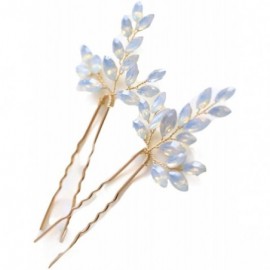 Headbands Bridal Crsytal Hair Accessories Blue Opal Crystal Handmade Bridal Headpiece - Golden Clips 2 Pcs - CS18HSAUCCE $14.60
