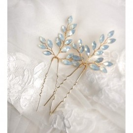 Headbands Bridal Crsytal Hair Accessories Blue Opal Crystal Handmade Bridal Headpiece - Golden Clips 2 Pcs - CS18HSAUCCE $14.60