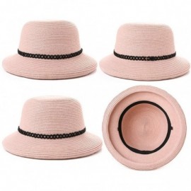 Fedoras Womens Wide Roll Up Brim Packable Straw Sun Cloche Hat Fedora Summer Beach 55-58cm - Pink_00010 - CK18QEXR056 $16.72