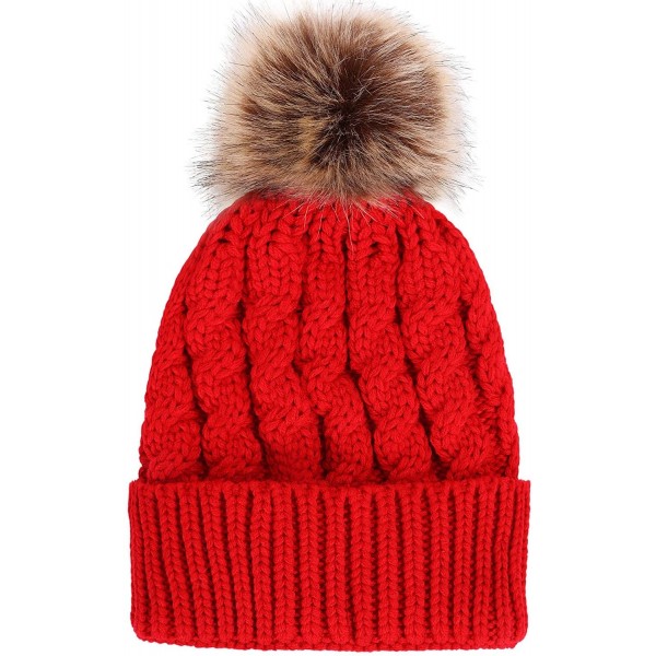 Skullies & Beanies Women's Winter Soft Chunky Cable Knit Pom Pom Beanie Hats Skull Ski Cap - Red - CR188ANS44O $17.66