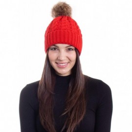 Skullies & Beanies Women's Winter Soft Chunky Cable Knit Pom Pom Beanie Hats Skull Ski Cap - Red - CR188ANS44O $17.66