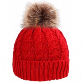 Skullies & Beanies Women's Winter Soft Chunky Cable Knit Pom Pom Beanie Hats Skull Ski Cap - Red - CR188ANS44O $17.66