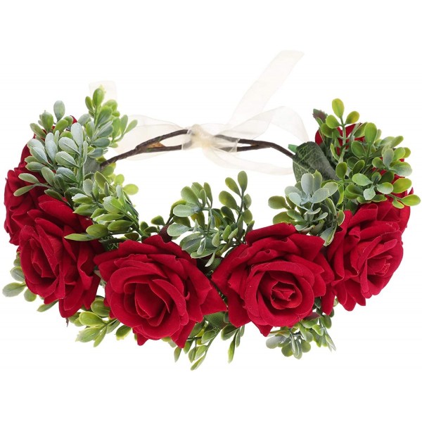 Headbands Flower Crown Headband Rose Wreath Leave Flower Adjustable Ribbon Headband Wedding Festival Headdress for Girls - C8...