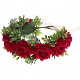 Headbands Flower Crown Headband Rose Wreath Leave Flower Adjustable Ribbon Headband Wedding Festival Headdress for Girls - C8...