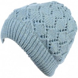 Skullies & Beanies Winter Womens Fashion Bun Ponytail Fleece Lined Slouchy Knit Beanie Hat - Diamond Knit Pastel Blue - CM18L...