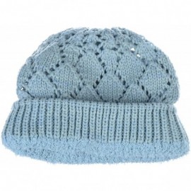 Skullies & Beanies Winter Womens Fashion Bun Ponytail Fleece Lined Slouchy Knit Beanie Hat - Diamond Knit Pastel Blue - CM18L...