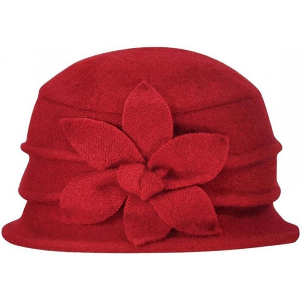 Bucket Hats Women's Elegant Flower Beret Wool Cap Cloche Bucket Hat - Red - CV12N745T1H $32.78
