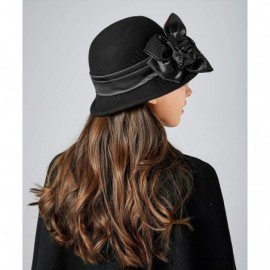 Bucket Hats Women Solid Color Winter Hat 100% Wool Cloche Bucket with Bow Accent - Style3_black - CK18YYKT0RE $25.62