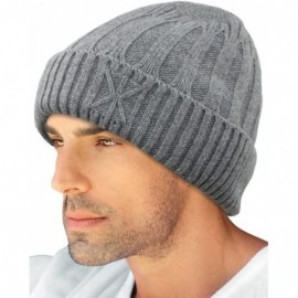 Skullies & Beanies Men's Wool Blend Knit Beanie- Soft & Warm Velour Fleece Lined - Stripe Stitch - Light Gray - CO12MAN6A2G $...