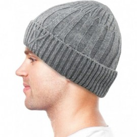 Skullies & Beanies Men's Wool Blend Knit Beanie- Soft & Warm Velour Fleece Lined - Stripe Stitch - Light Gray - CO12MAN6A2G $...