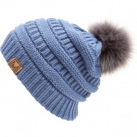 Skullies & Beanies Women's Soft Stretch Cable Knit Warm Skully Faux Fur Pom Pom Beanie Hats - Denim - CT18GQG7CUZ $8.58