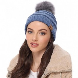 Skullies & Beanies Women's Soft Stretch Cable Knit Warm Skully Faux Fur Pom Pom Beanie Hats - Denim - CT18GQG7CUZ $8.58