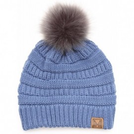 Skullies & Beanies Women's Soft Stretch Cable Knit Warm Skully Faux Fur Pom Pom Beanie Hats - Denim - CT18GQG7CUZ $8.58