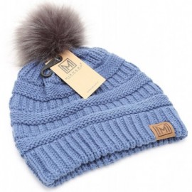 Skullies & Beanies Women's Soft Stretch Cable Knit Warm Skully Faux Fur Pom Pom Beanie Hats - Denim - CT18GQG7CUZ $8.58