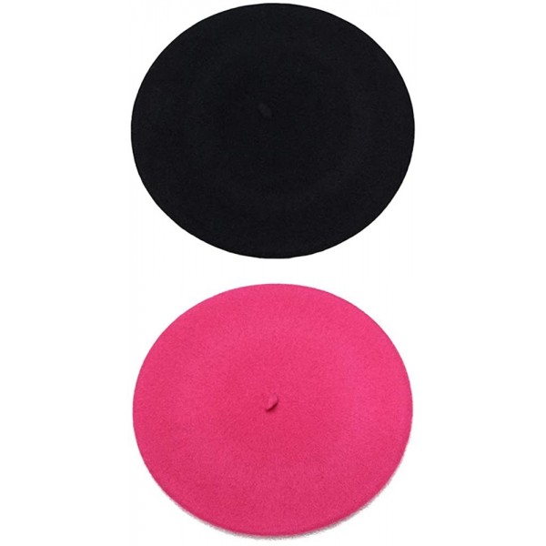 Berets French Beret - Wool Solid Color Womens Beanie Cap Hat - 2pcs Black and Rose Red - CL18QLL7QLS $12.37
