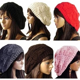 Berets Women's Lady Knitted Beret Braided Baggy Beanie Crochet Hat Ski Cap - Red - CE11MIPEMOH $7.36
