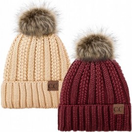 Skullies & Beanies Thick Cable Knit Hat Faux Fur Pom Fleece Lined Cap Cuff Beanie 2 Pack - Burgundy/New Beige - C919252MCLU $...