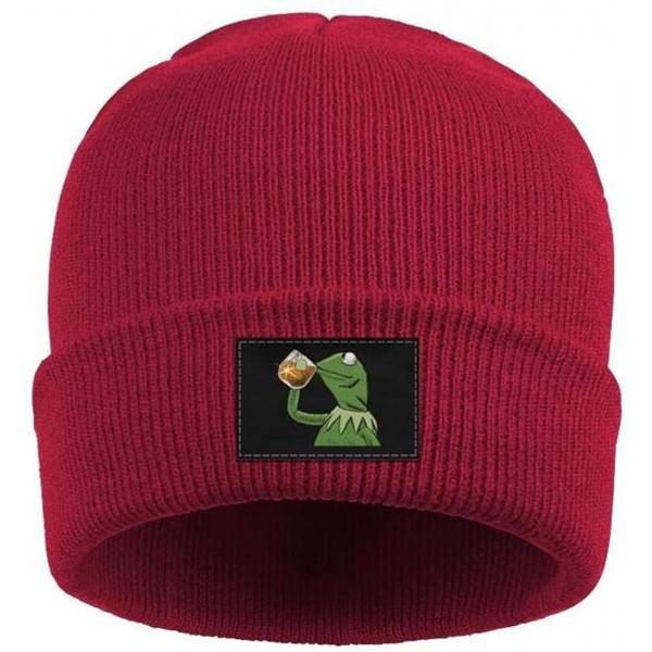 Skullies & Beanies Mens Womens Warm Solid Color Daily Knit Cap Funny-Green-Frog-Sipping-Tea Headwear - Red-2 - C418NHWWI97 $1...