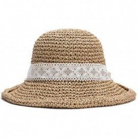 Sun Hats Floppy Straw Hat for Women Foldable Summer Beach Sun Hat - Lace-bow-khaki - C318TIEQ0E6 $21.83