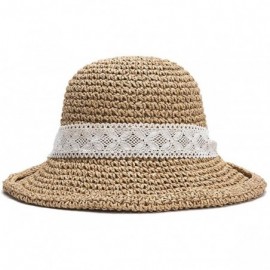 Sun Hats Floppy Straw Hat for Women Foldable Summer Beach Sun Hat - Lace-bow-khaki - C318TIEQ0E6 $12.13