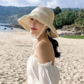 Sun Hats Floppy Straw Hat for Women Foldable Summer Beach Sun Hat - Lace-bow-khaki - C318TIEQ0E6 $12.13