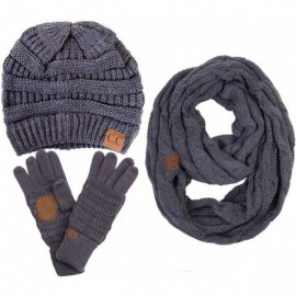 Skullies & Beanies 3pc Set Trendy Warm Chunky Soft Stretch Cable Knit Beanie Scarves Gloves Set - Dark Grey - C318GLUZ4A5 $51.13