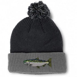 Skullies & Beanies Custom Pom Pom Beanie Fish Steelhead Embroidery Acrylic - Black Grey - CF18A3DH3C0 $16.34