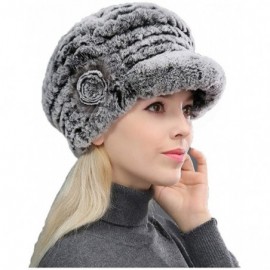 Skullies & Beanies Women's Real Rex Rabbit Fur Hat with Visor Knit Cap Winter Warm - Gray - CE18USR99XQ $28.47