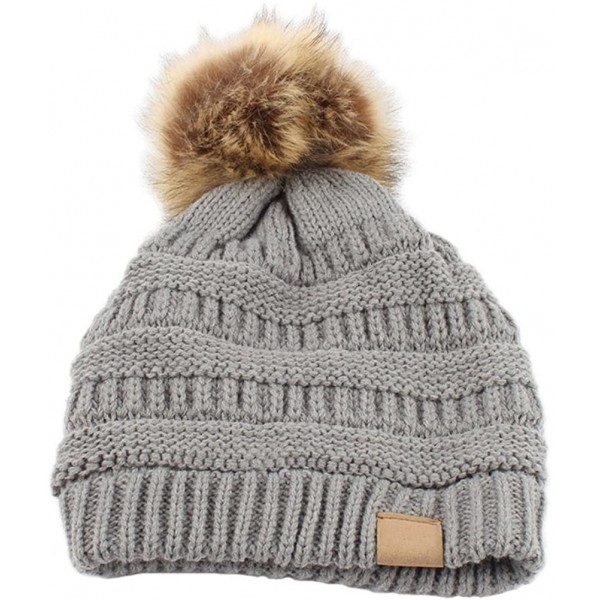 Skullies & Beanies Fashion Women Faux Fur Pom Pom Beanie Cap Winter Outdoor Warm Woolen Yard Hat - Light Gray - CX187L7NNZA $...