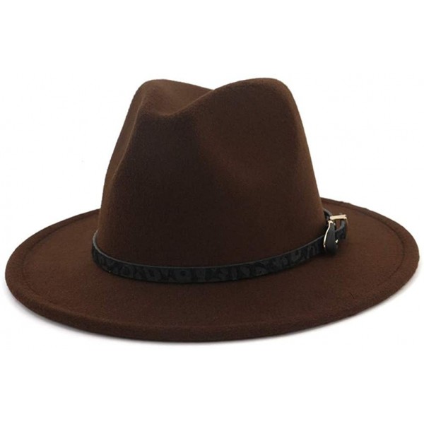 Fedoras Womens Wide Brim Felt Fedora Hat Ladies Panama Hat with Belt Buckle - Coffee - CD18IWADTZG $10.52