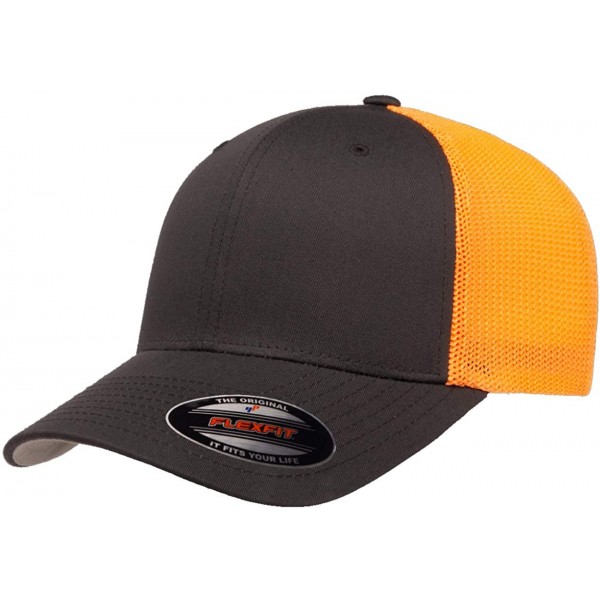 Baseball Caps The Original Flexfit Yupoong Mesh Trucker Hat Cap & 2-Tone - Charcoal/Neon Orange - CB196GZ2KWQ $16.24