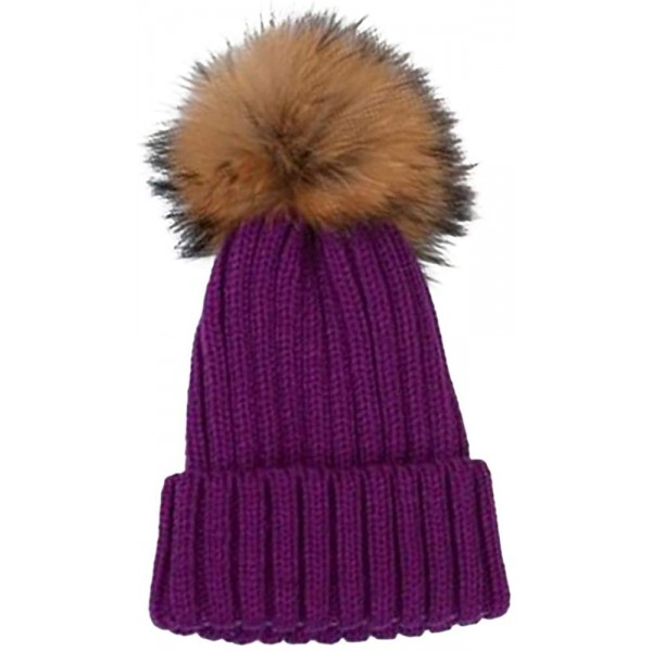 Skullies & Beanies Winter Knitted Beanie Hat Soft Warm Wool Hat with Removable Faux Fur Pom Pom - Purple - CD18IHD3CN9 $15.29