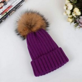Skullies & Beanies Winter Knitted Beanie Hat Soft Warm Wool Hat with Removable Faux Fur Pom Pom - Purple - CD18IHD3CN9 $15.29